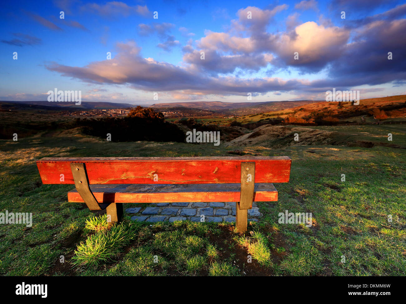 werneth low bench and view at sunset Stock Photo