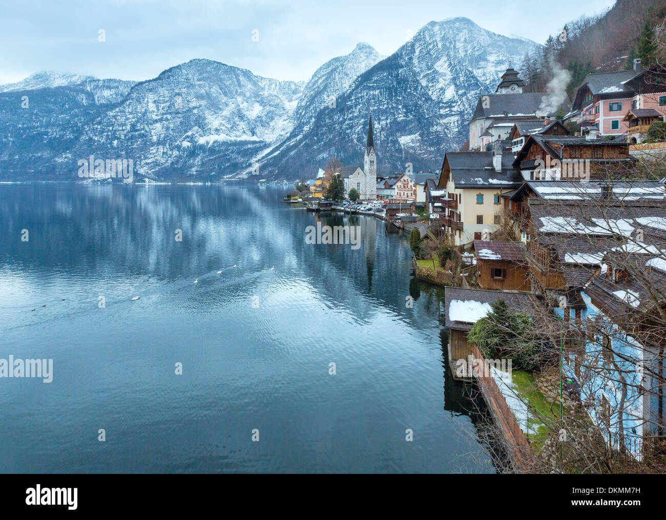Winter Alpine Hallstatt Town and lake Hallstatter See view (Austria ...