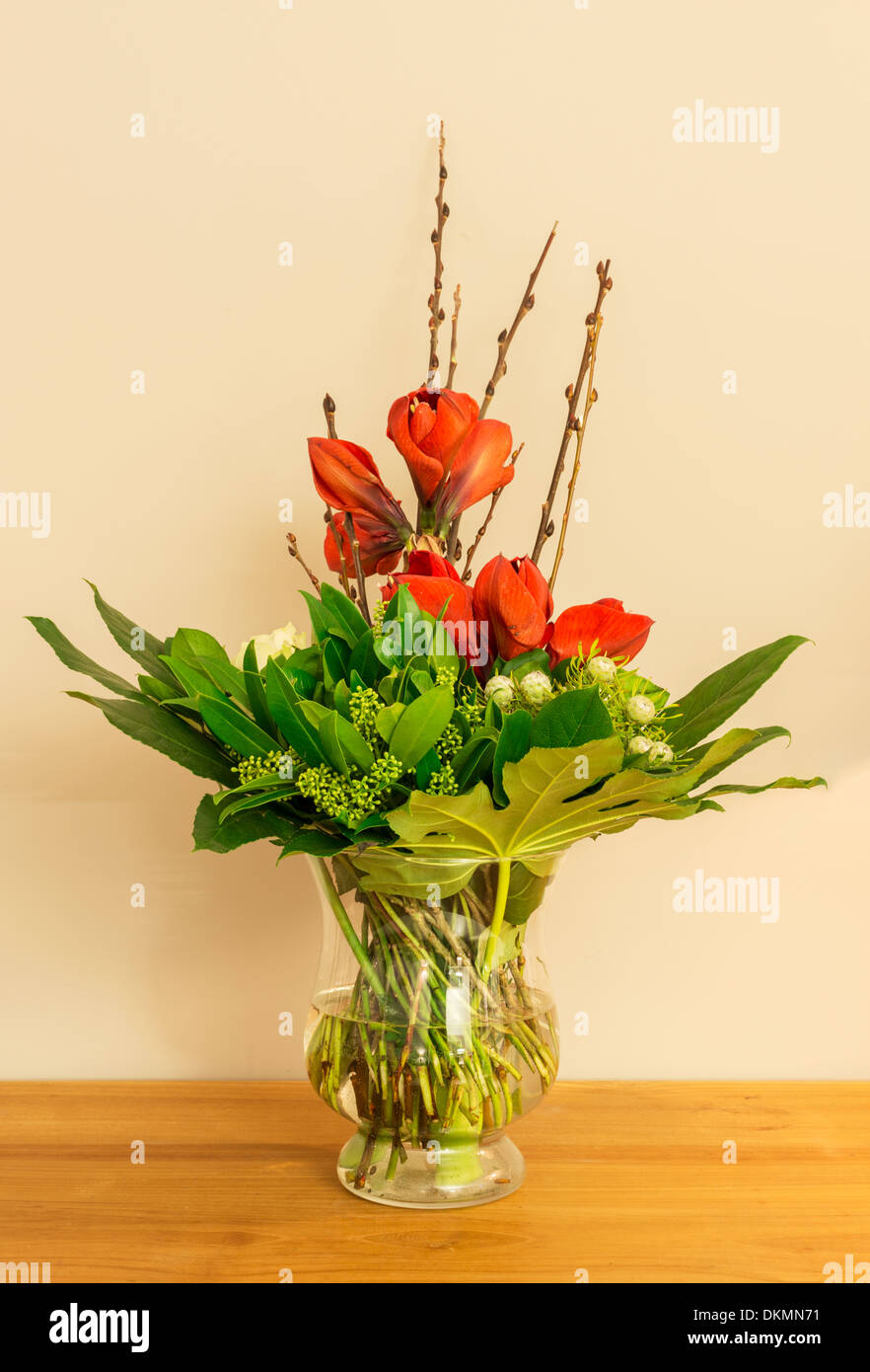 glass vase with red Amaryllis green leaves and white roses Stock Photo