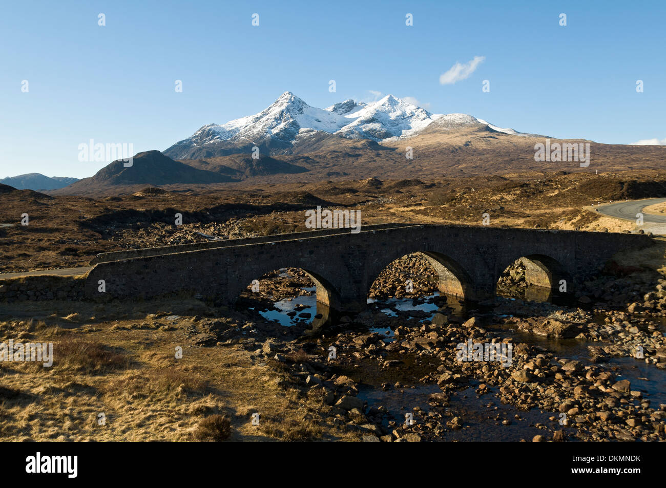 Sgurr nan Gillean and the Cuillin mountains, from the old bridge at Sligachan, Isle of Skye. Highland region, Scotland, UK. Stock Photo