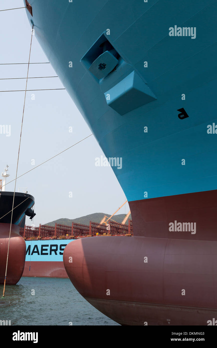 Visit at the production line of the 20 Triple-E 18.200 TEU large container ships at Daewoo (DSME) shipyard in South Korea. Stock Photo