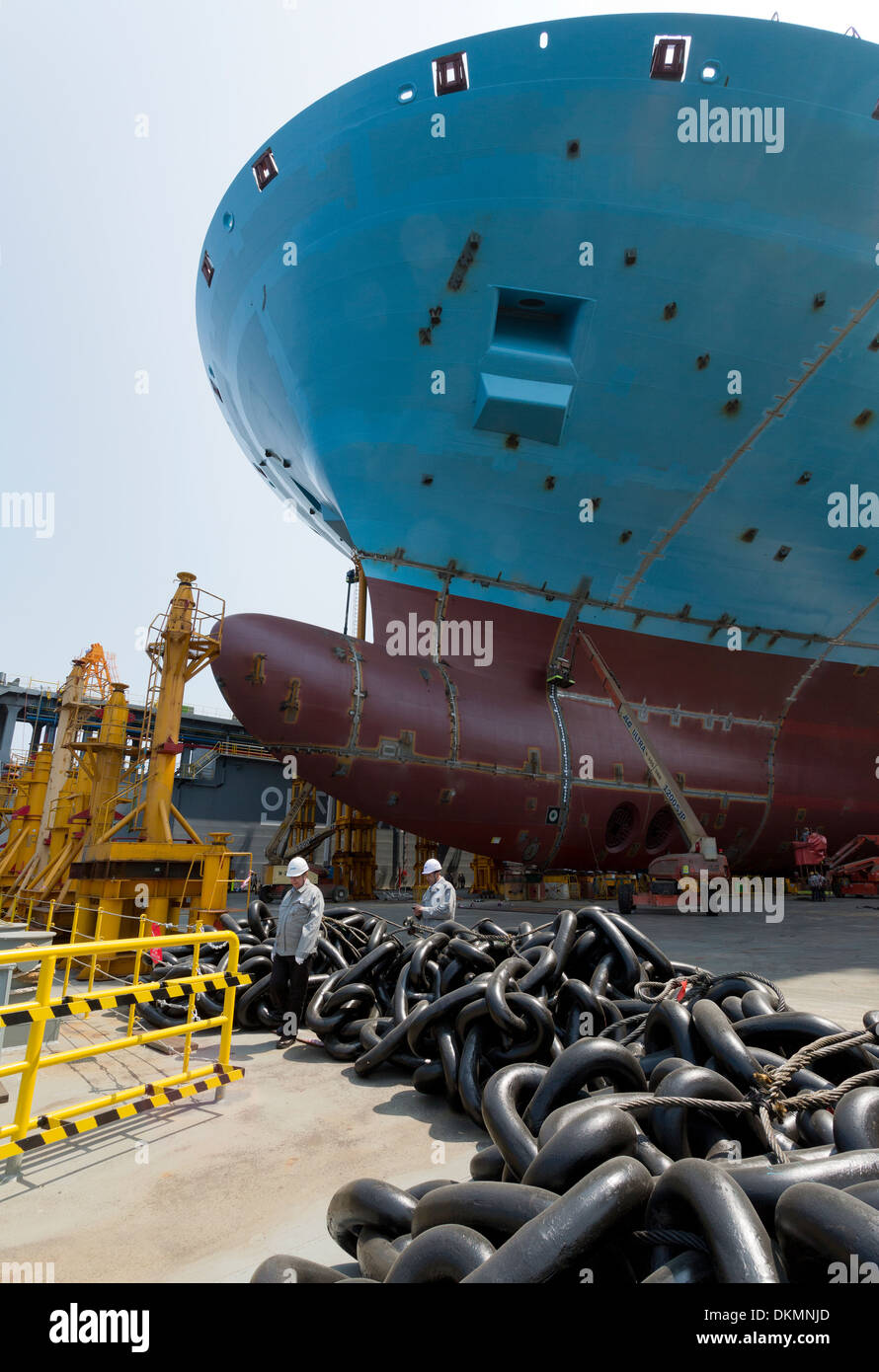 Visit at the production line of the 20 Triple-E 18.200 TEU large container ships at Daewoo (DSME) shipyard in South Korea. Stock Photo