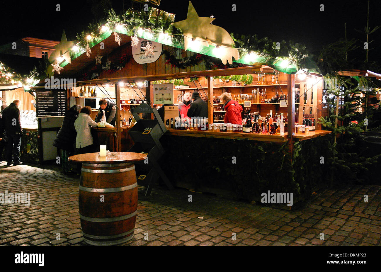 Stand with liquors on christmas market Stock Photo