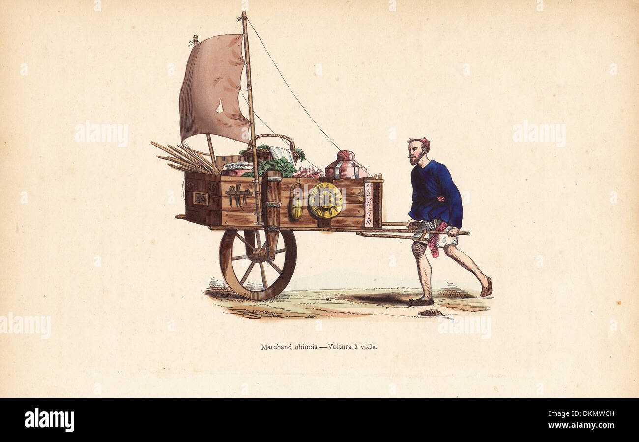 Chinese merchant moving his wares in a hand drawn wagon with a sail Chinese merchant moving his wares in a hand drawn wagon with a sail