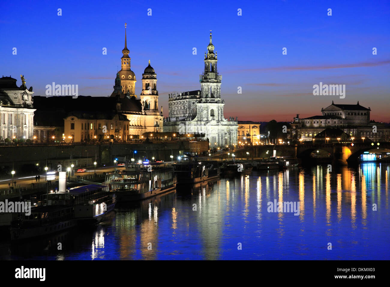 Dresden skyline reflecting in the River Elbe at night, Saxony, Germany Stock Photo