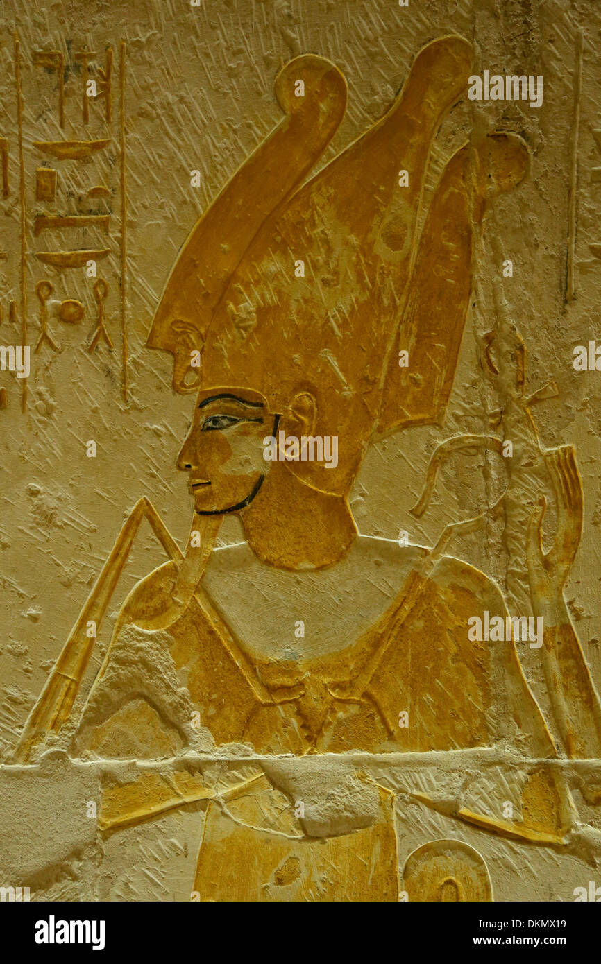 The god Osiris (king of the dead) Tomb of Maya @Saqqara Egypt. Stock Photo