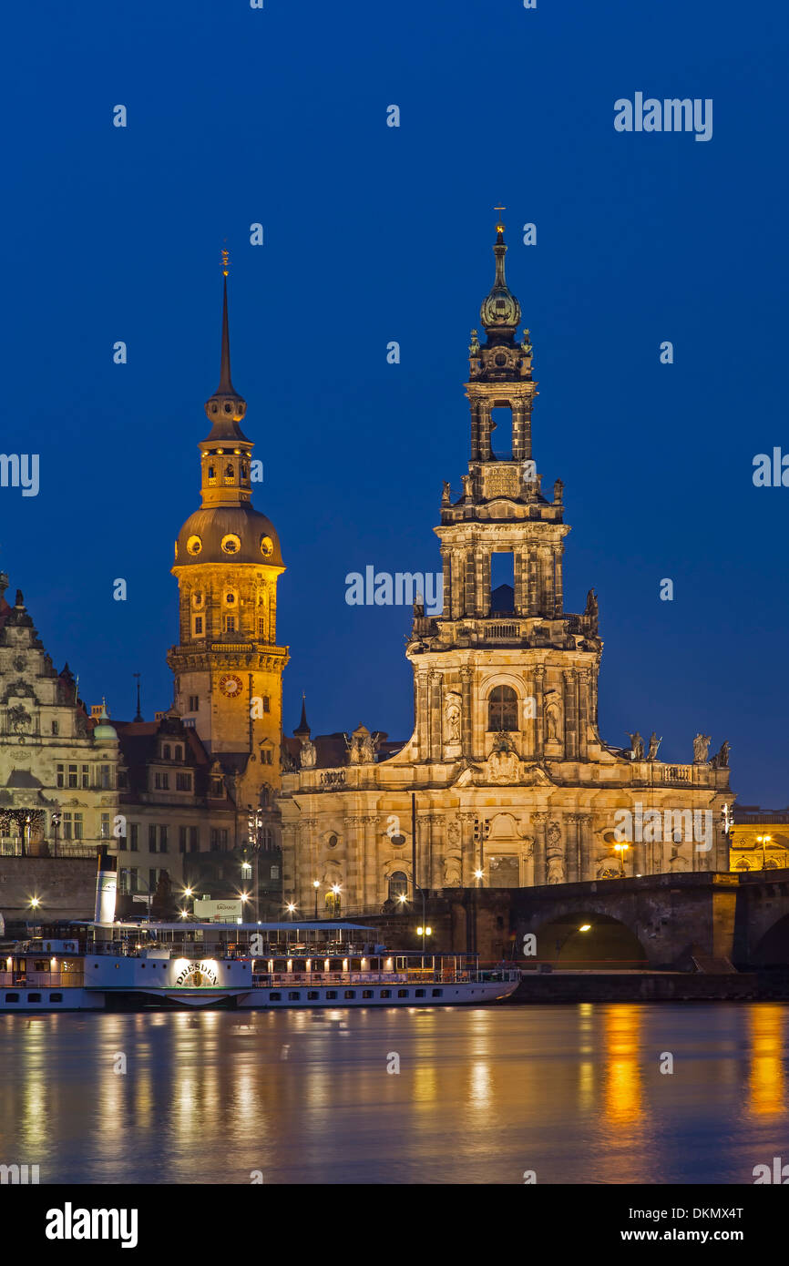 View over the Elbe at Dresden in the evening, Germany, Europe Stock Photo