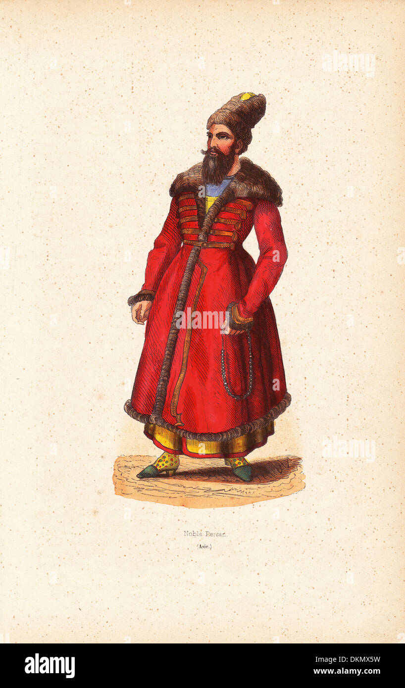 Persian nobleman in fur hat, coat with frogging, heeled slippers. Stock Photo