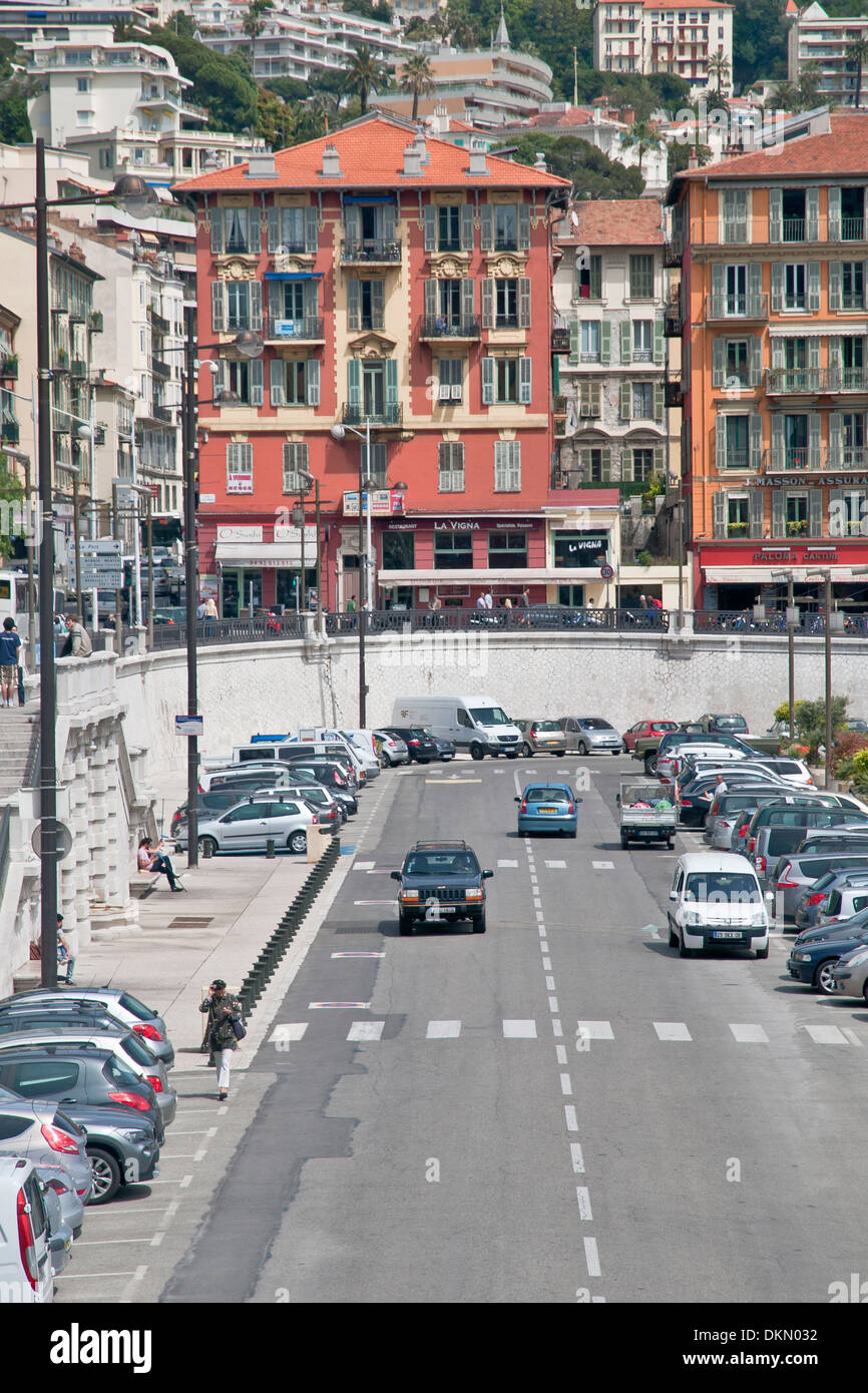 Highway and residential buildings in the coastal area of Nice, French Riviera, France Stock Photo