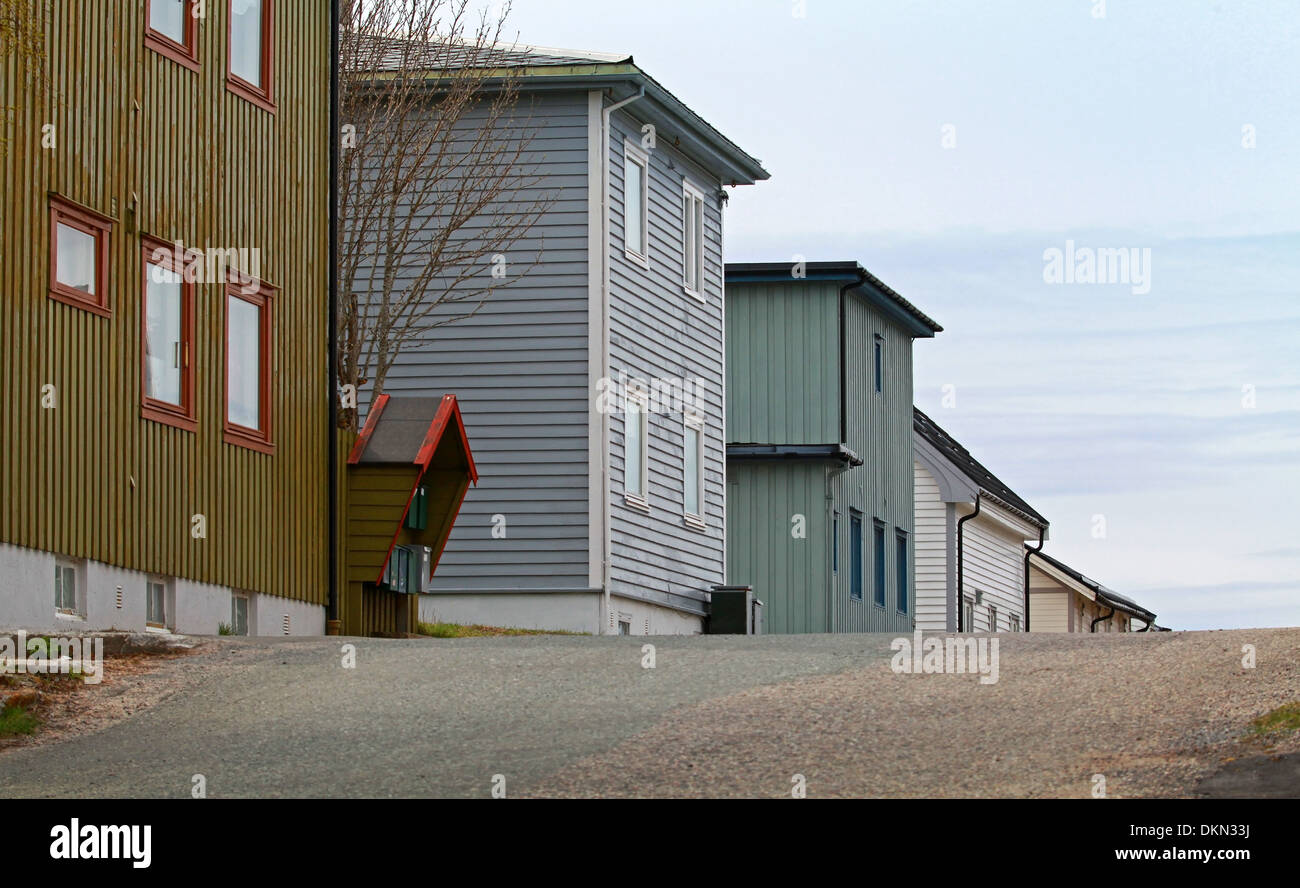 Scandinavian rural architecture. Street with colorful wooden houses Stock Photo