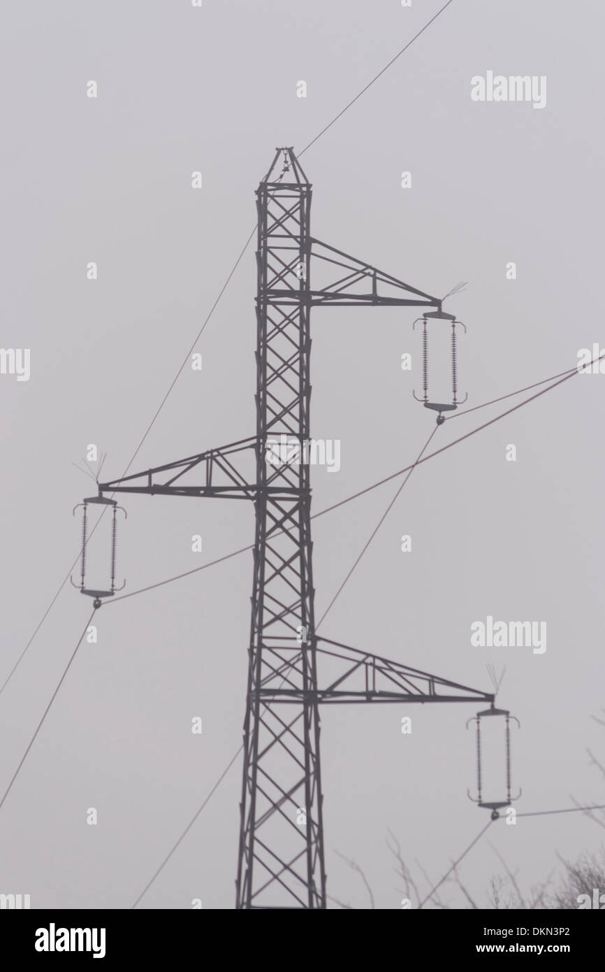 Electricity pylon on a misty day in winter Stock Photo - Alamy