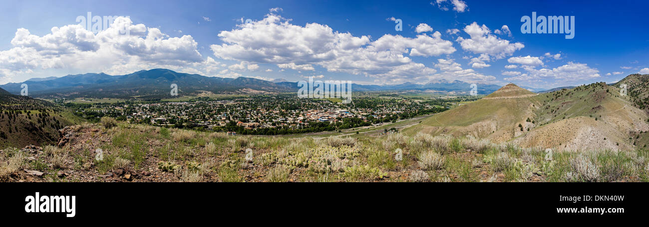 Panaroma view of Sawatch Range, Rocky Mountains, the Arkansas River Valley and historic Salida, Colorado, USA Stock Photo