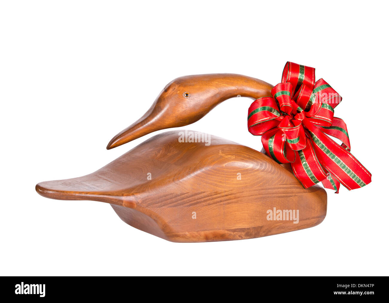 Decorative Wooden Goose With Red Christmas Bow Isolated Over