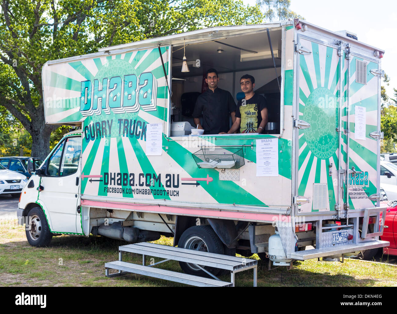 Mobile curry truck vendors at a country market in Woodend, Victoria, Australia. Stock Photo