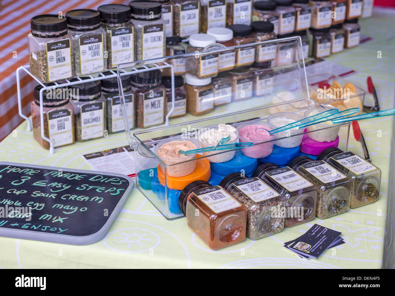 Samples of dip spices available for sale at a country market in Woodend