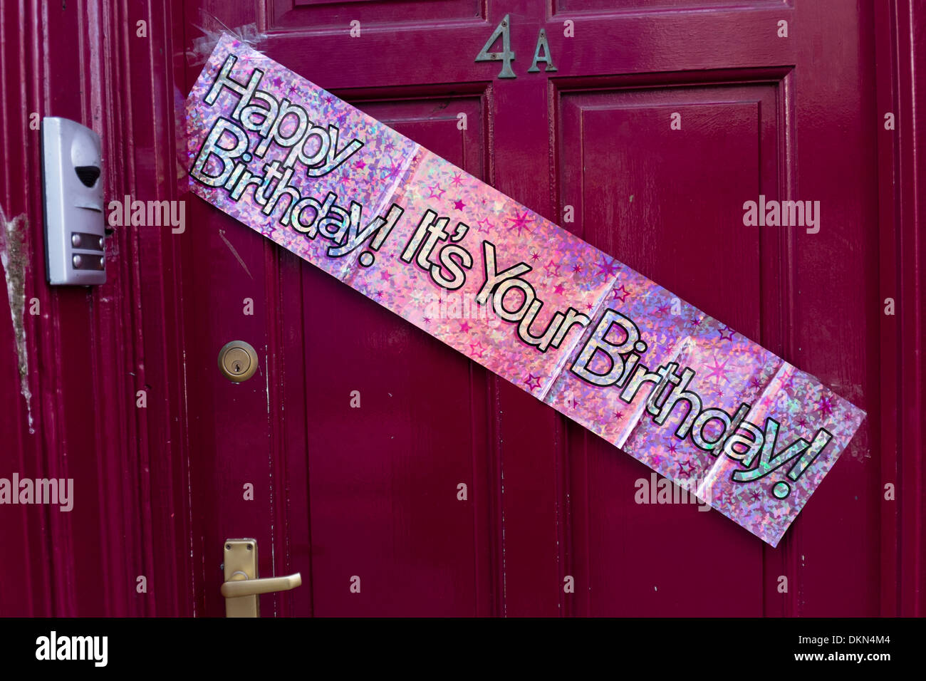 A Happy Birthday Banner Attached To A Front Door Uk Stock Photo