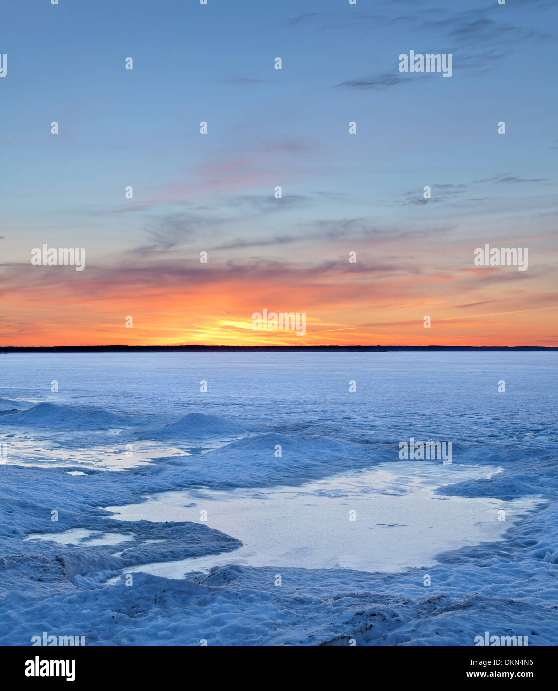 Pack ice on Lake Simcoe as the season slowly changes over from winter to spring. Georgina, Ontario, Canada. Stock Photo