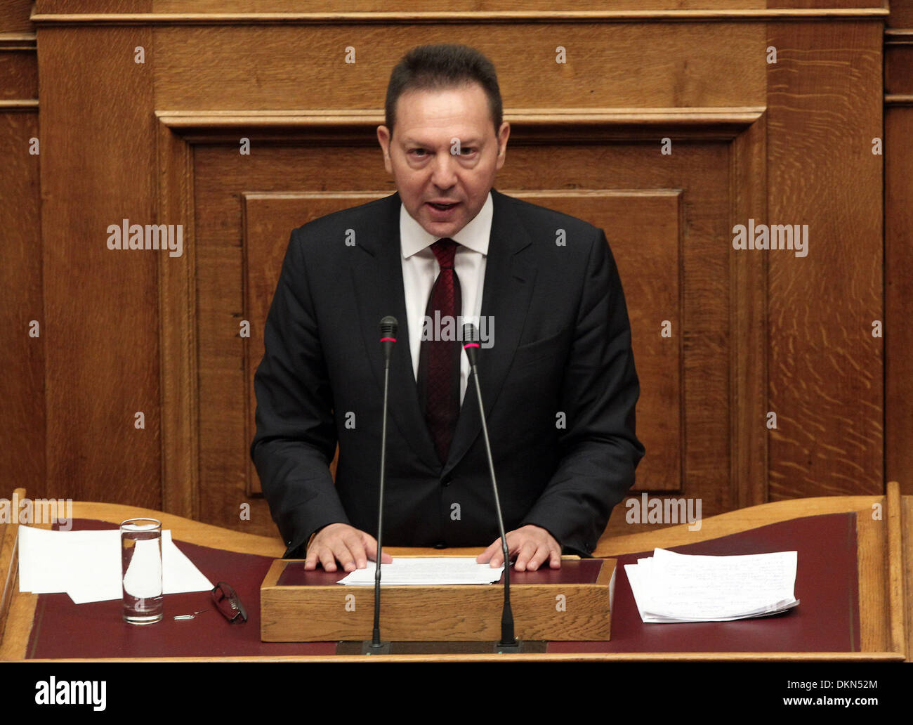 Athens, Greece. 7th Dec, 2013. Greek Finance Minister Ioannis Stournaras delivers a speech during debate in parliament ahead of a vote on the 2014 budget draft in Athens, Greece, Dec. 7, 2013. © Marios Lolos/Xinhua/Alamy Live News Stock Photo