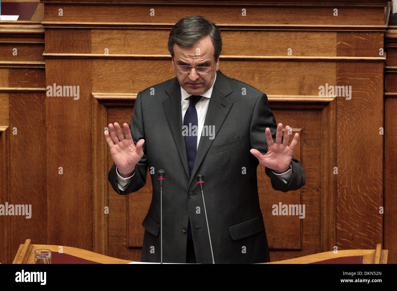 Athens, Greece. 7th Dec, 2013. Greek Prime Minister Antonis Samaras delivers a speech during debate in parliament ahead of a vote on the 2014 budget draft in Athens, Greece, Dec. 7, 2013. © Marios Lolos/Xinhua/Alamy Live News Stock Photo