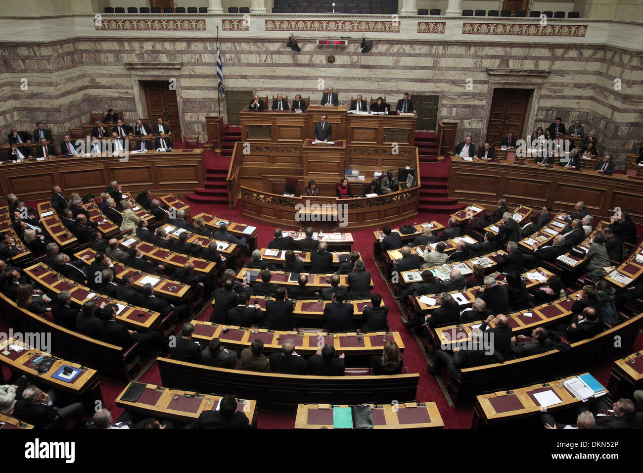 Athens, Greece. 7th Dec, 2013. Greek Prime Minister Antonis Samaras delivers a speech during debate in parliament ahead of a vote on the 2014 budget draft in Athens, Greece, Dec. 7, 2013. © Marios Lolos/Xinhua/Alamy Live News Stock Photo