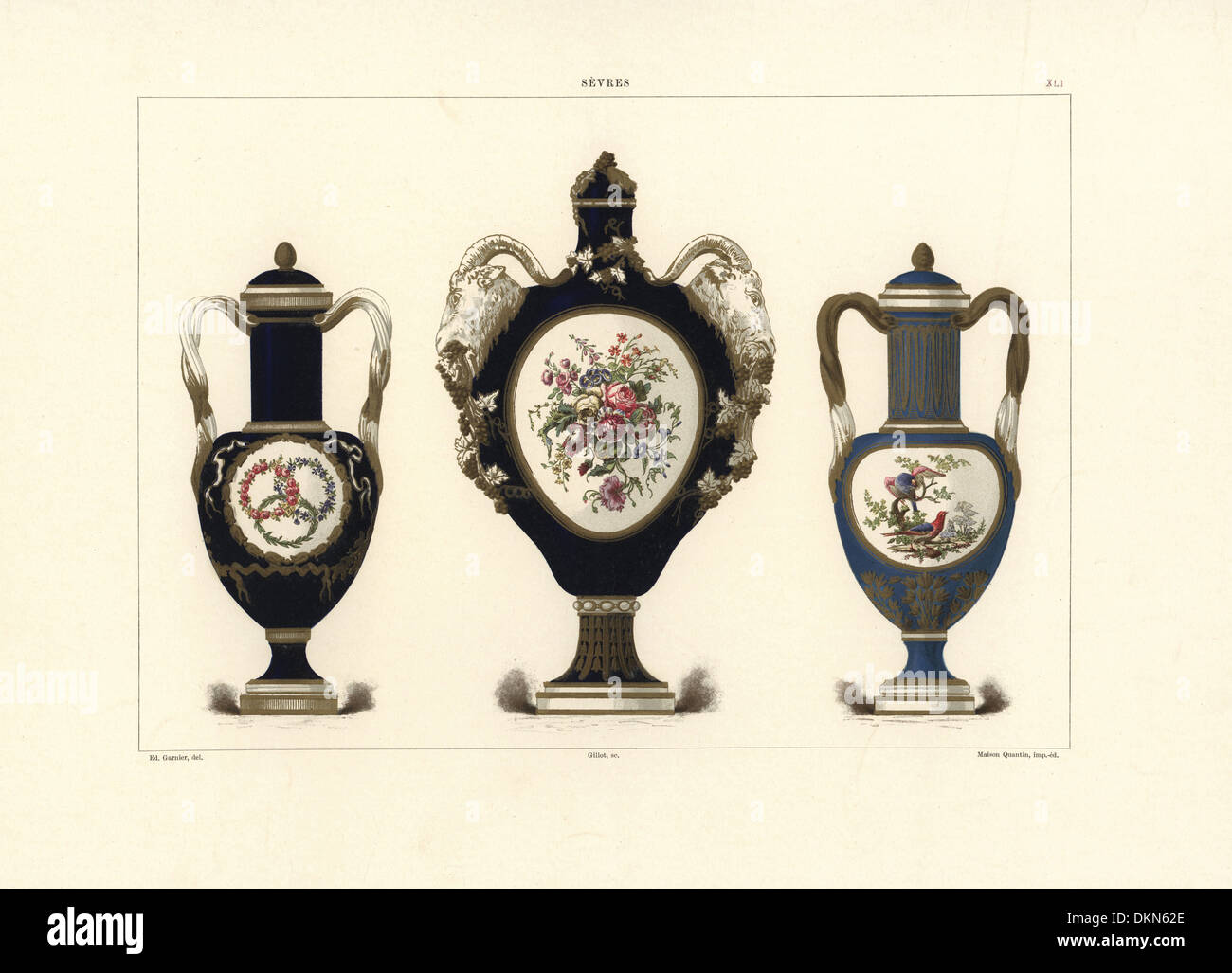 Sevres vases with cylindrical column, twisted handles. Stock Photo