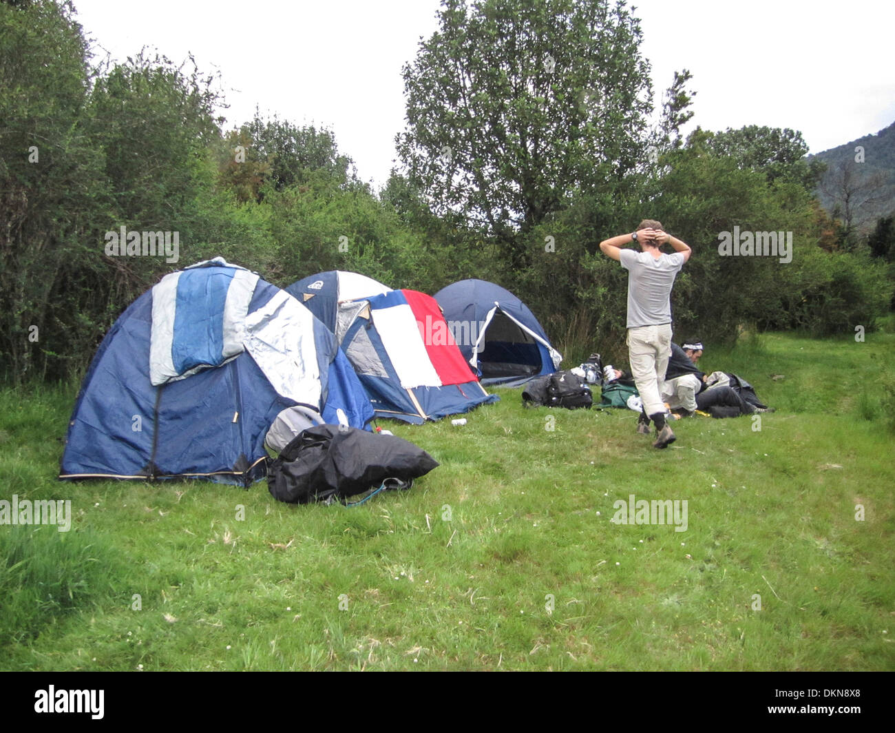 Chile Patagonia, Backpackers camp in tents along the Carretera Austral (CH-7), Stock Photo