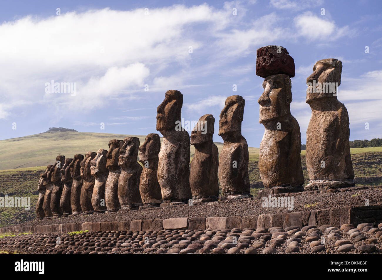 Ahu Tongariki with its 15 moai,(carved stone statues),  Hotuiti Bay, south east Easter Island Stock Photo
