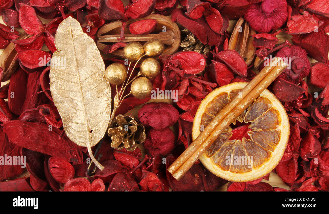 Christmas themed potpourri with a gold leaf dried orange and cinnamon stick Stock Photo