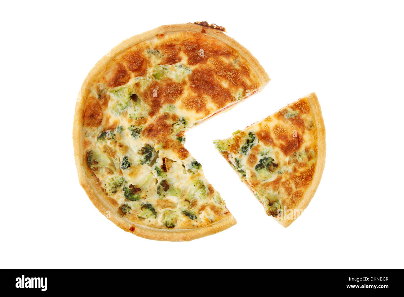 Broccoli, cheese and tomato quiche with a section cut out isolated against white Stock Photo