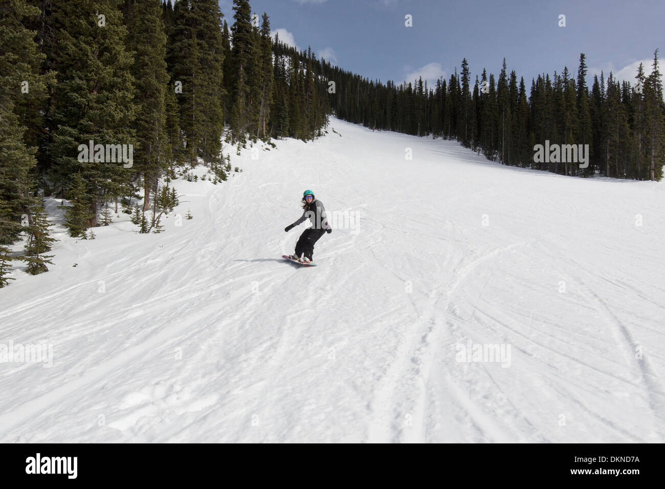 A young woman snowboarding at sunshine, Banff National Park, Canadian