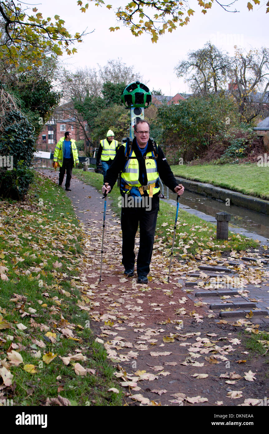 Man with Google trekker camera mapping Stratford Canal Stock Photo