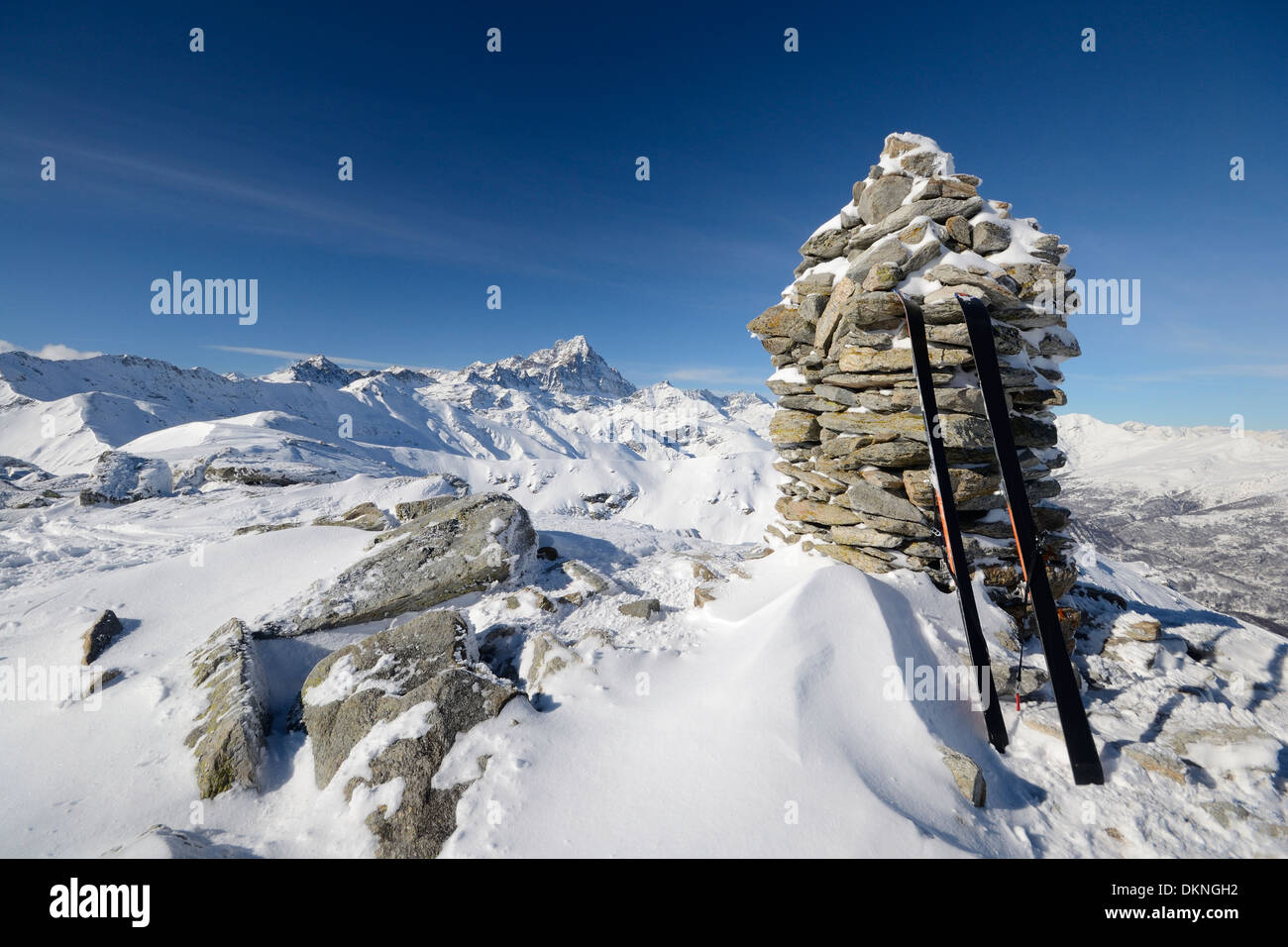 On the mountain summit, tour ski and back country skiing equipment with