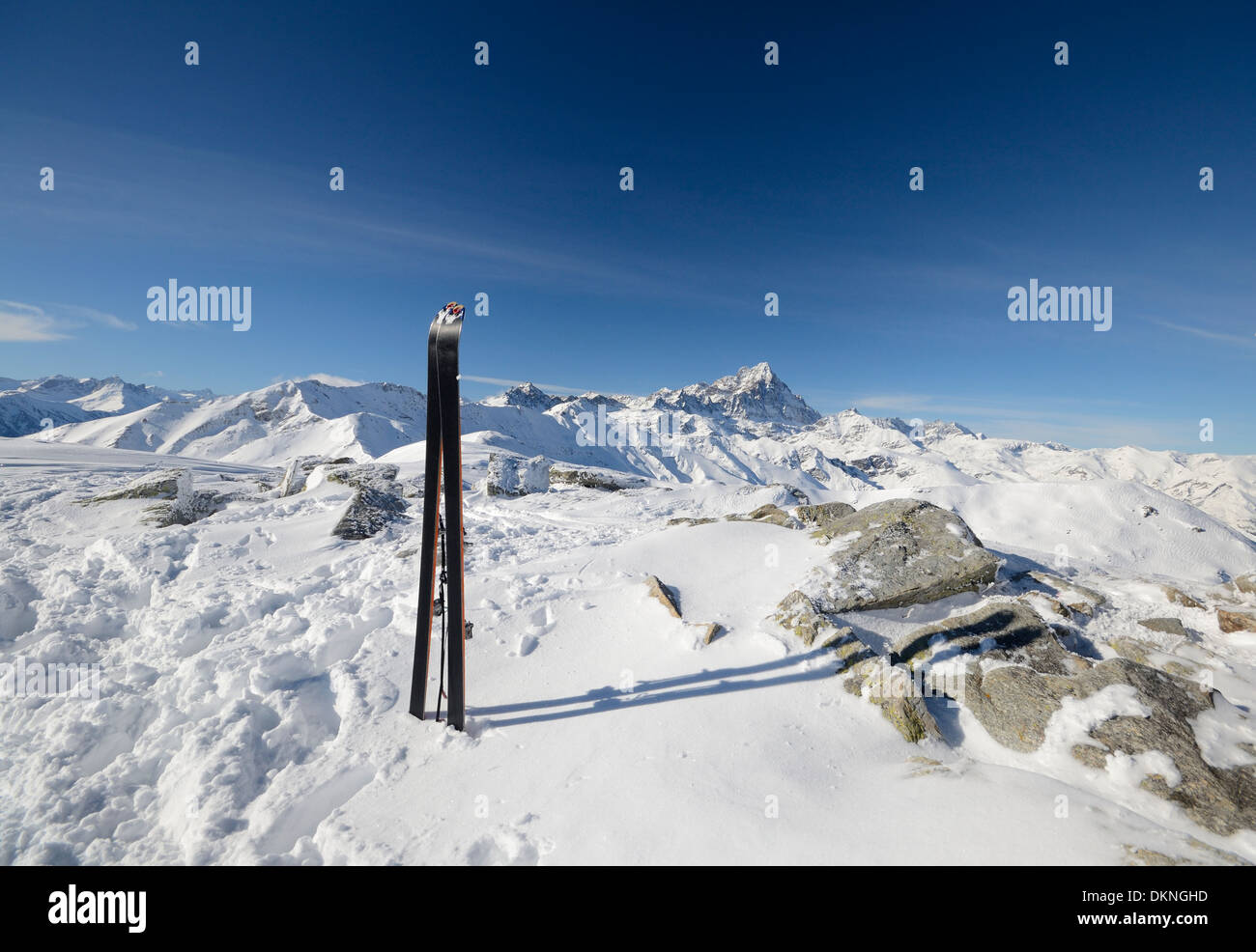 On the mountain summit, tour ski and back country skiing equipment with