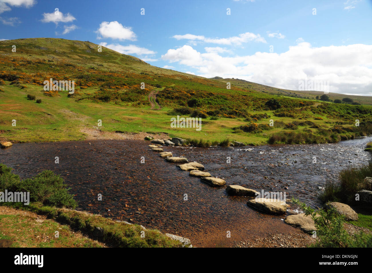Stepping stones across a moorland stream with a view of Dartmoor in the background. Stock Photo