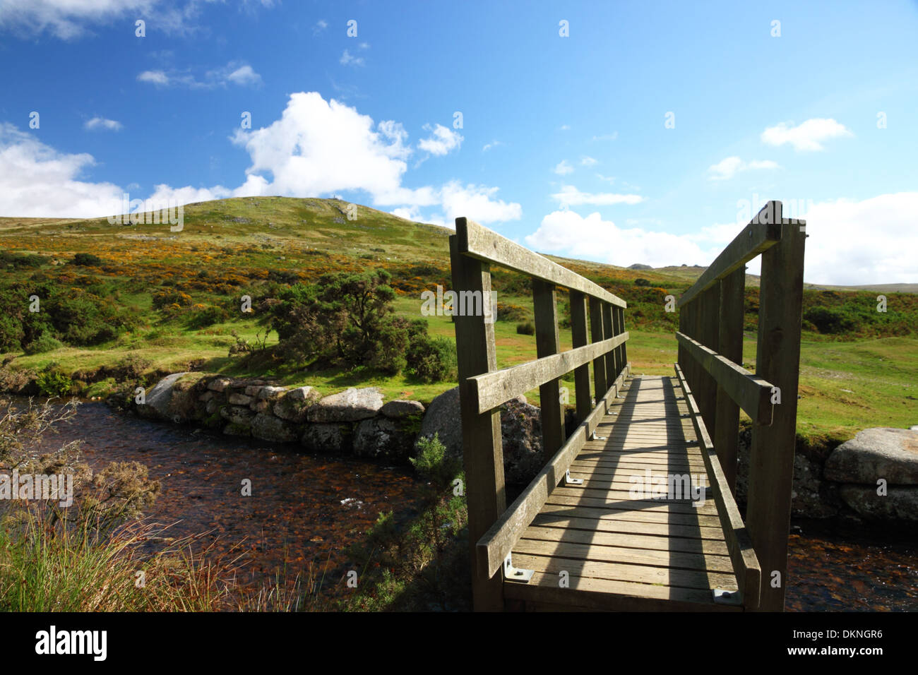 A wooden pedestrian bridge with a view of Dartmoor in the background. Stock Photo
