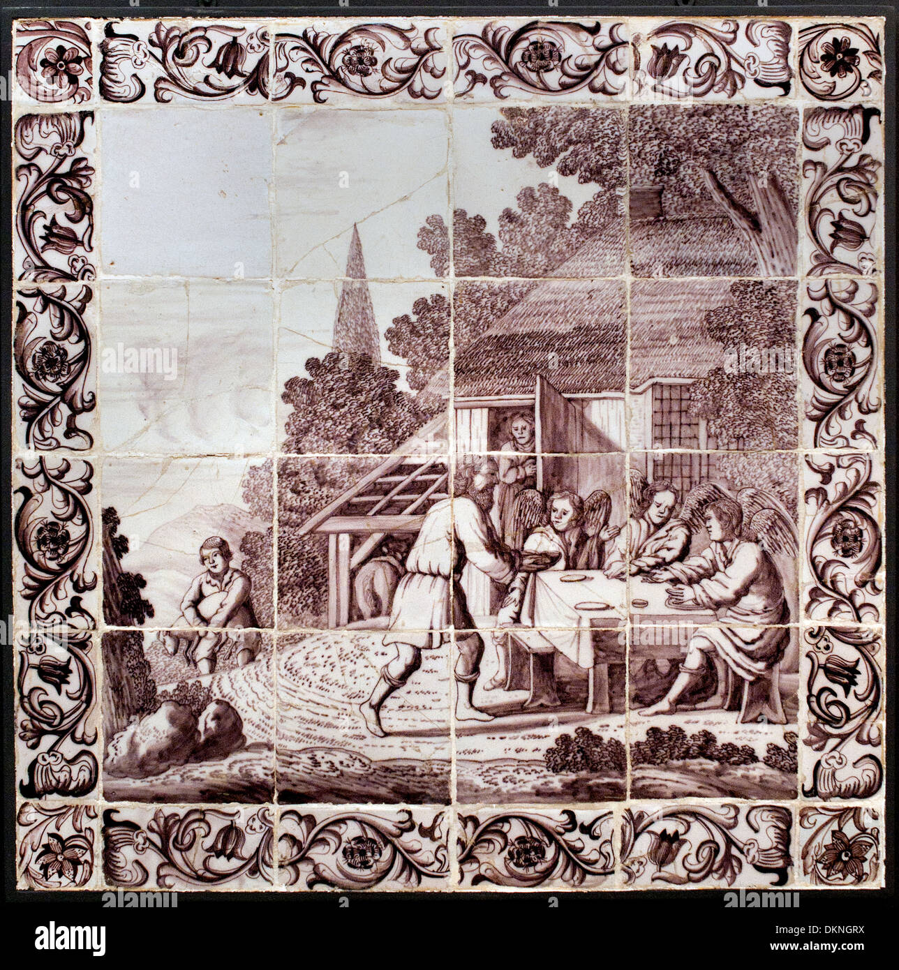 biblical representation Abraham greeted three angels Dutch  tile tiles 17-18 Century Netherlands Holland  Museum Stock Photo