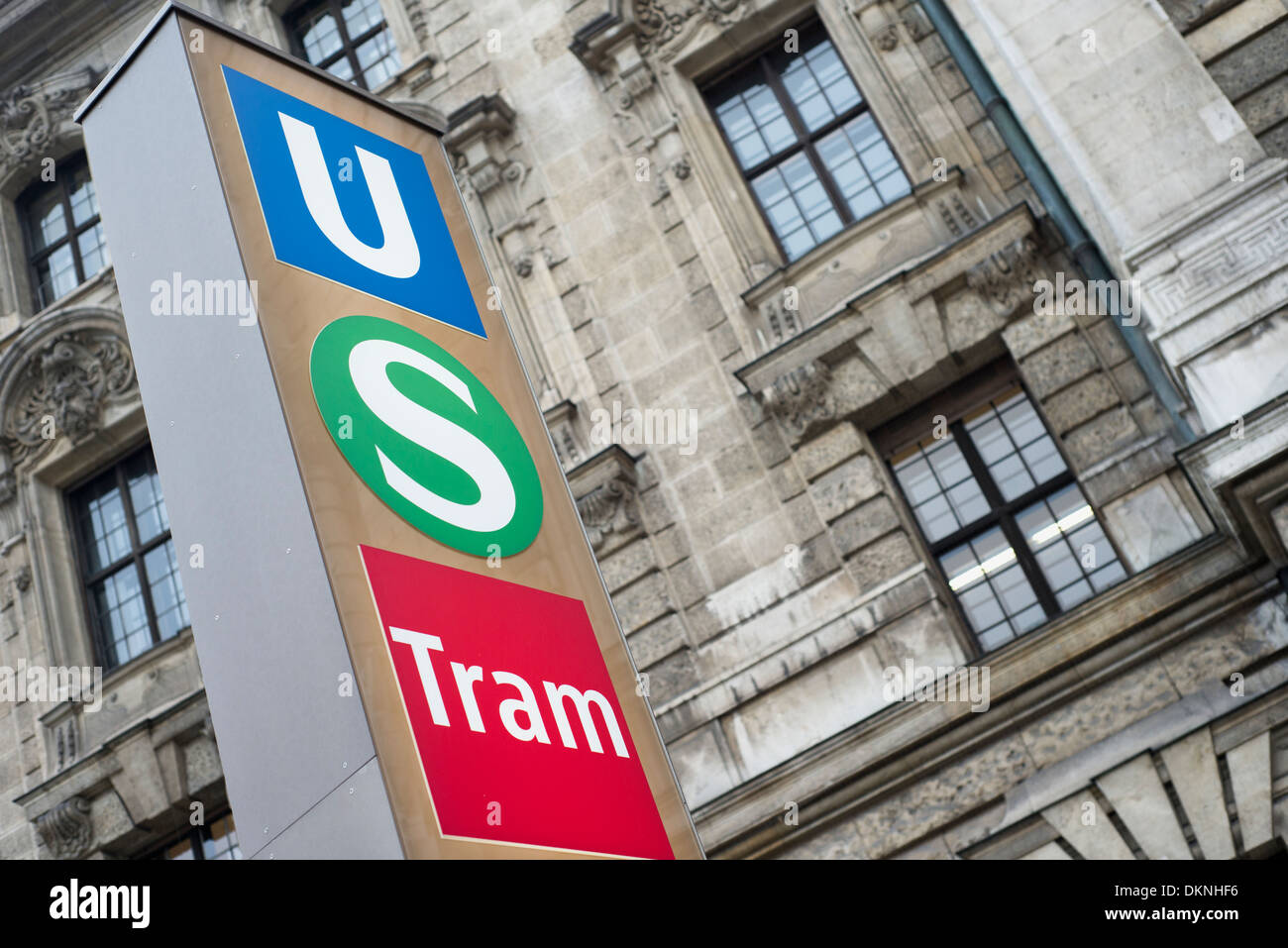 Signs for the U-Bahn subway, tram and S-Bahn railway network in the center of Munich, Germany Stock Photo