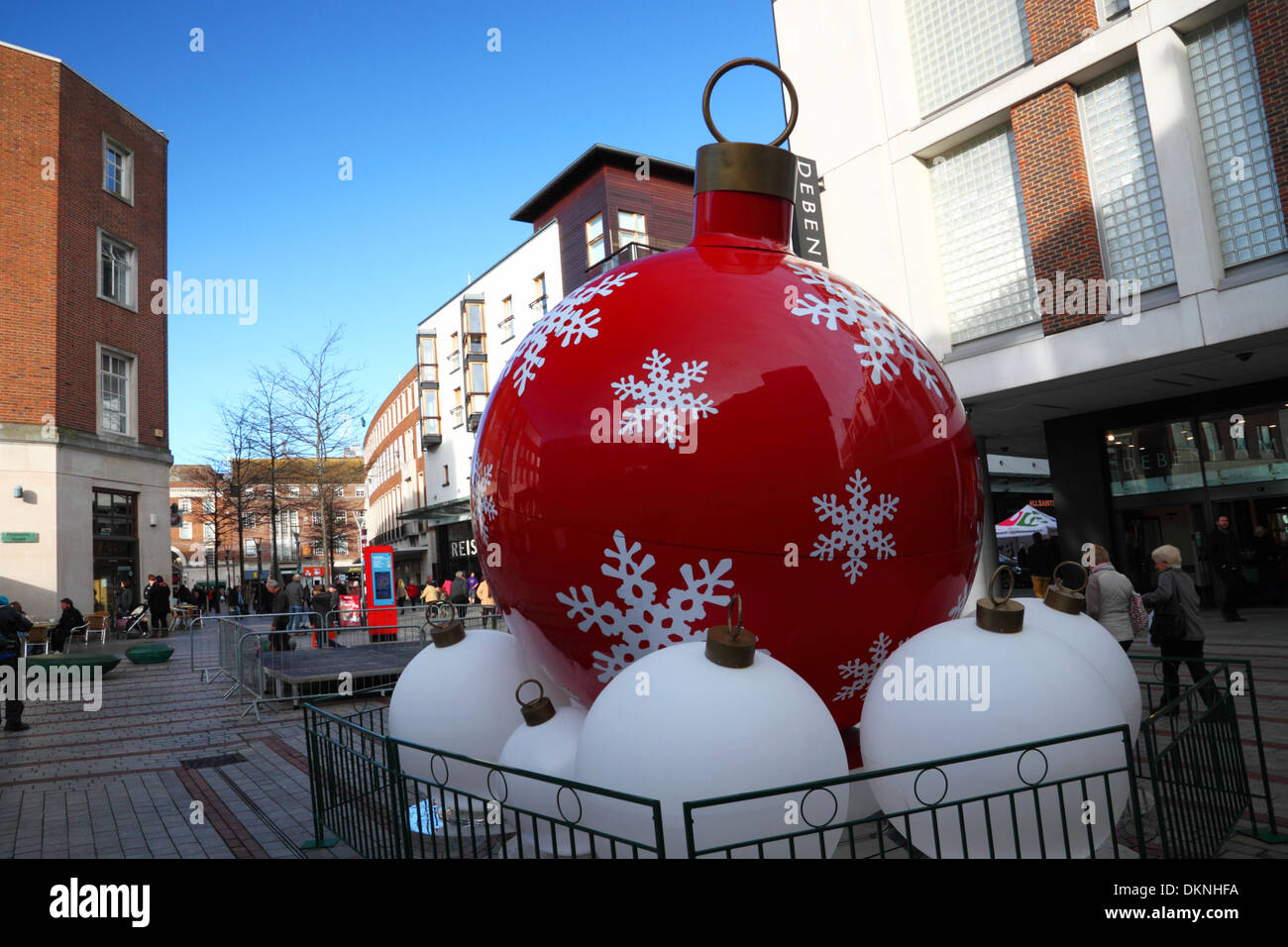 Giant Christmas baubles in a modern shopping centre. Stock Photo