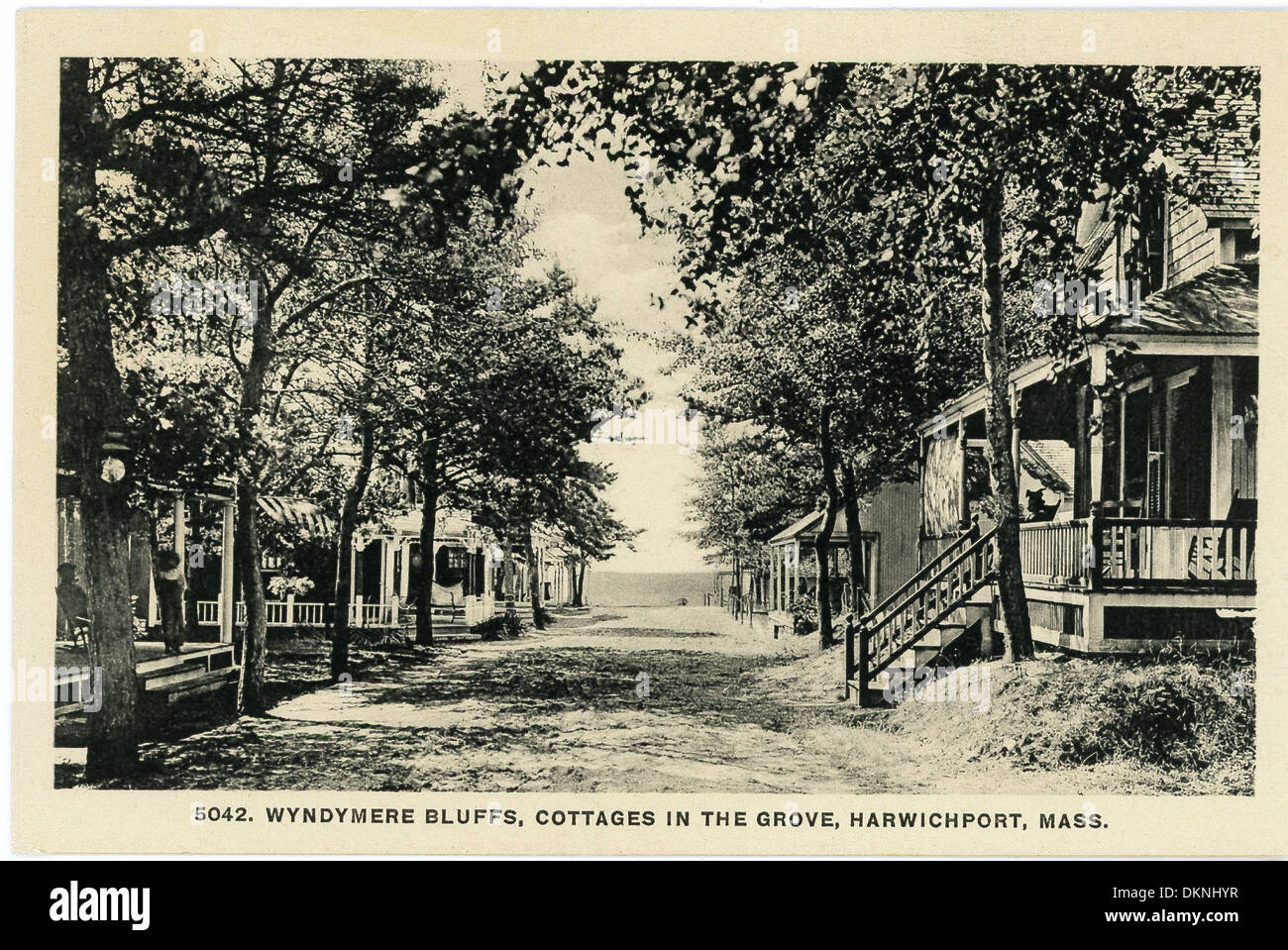 This vintage postcard from the 1930s shows cottages at Wyndymere Bluffs in Harwichport, Massachusetts. Stock Photo