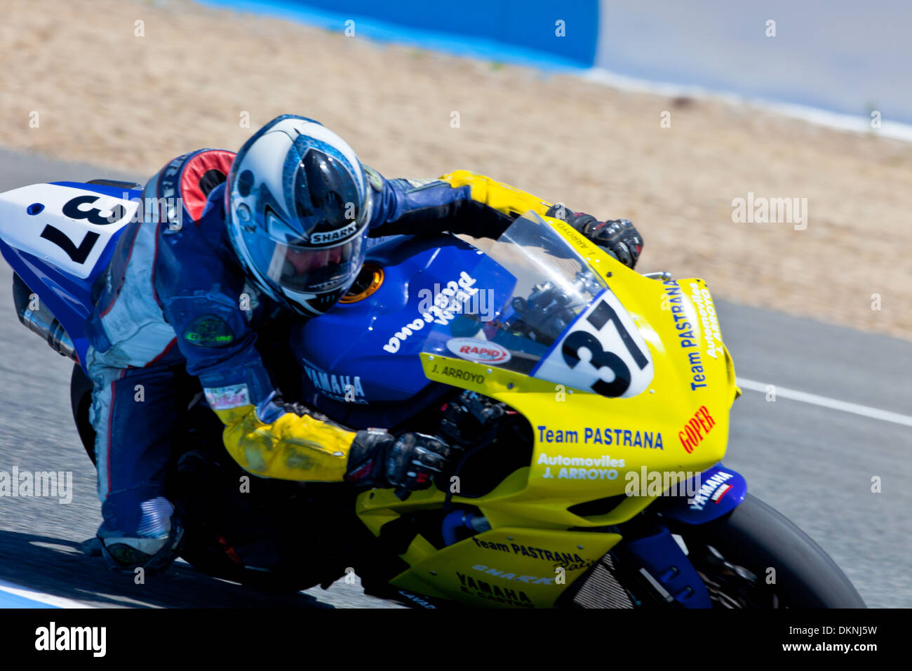 Stock Extreme motorcyclist Jorge Arroyo takes a curve in the CEV Championship race Stock Photo