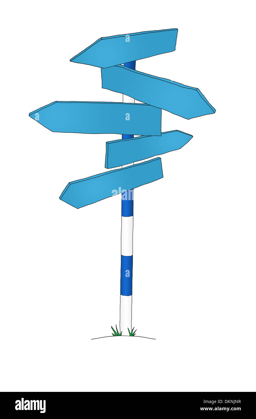 Illustration of an isolated blue striped sign post with many arrows