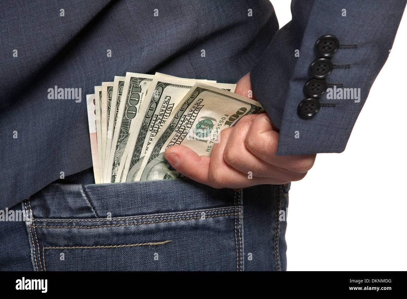 Male hand draws out a money from the pocket of jeans, close-up Stock Photo