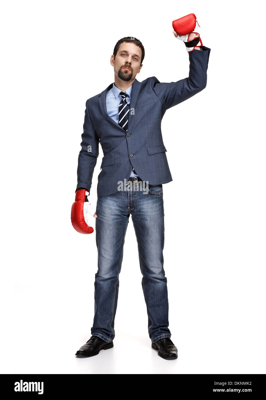Winner, businessman in boxing gloves isolated on white background Stock Photo