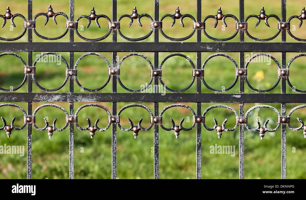 stylish steel//iron fence over green garden Stock Photo