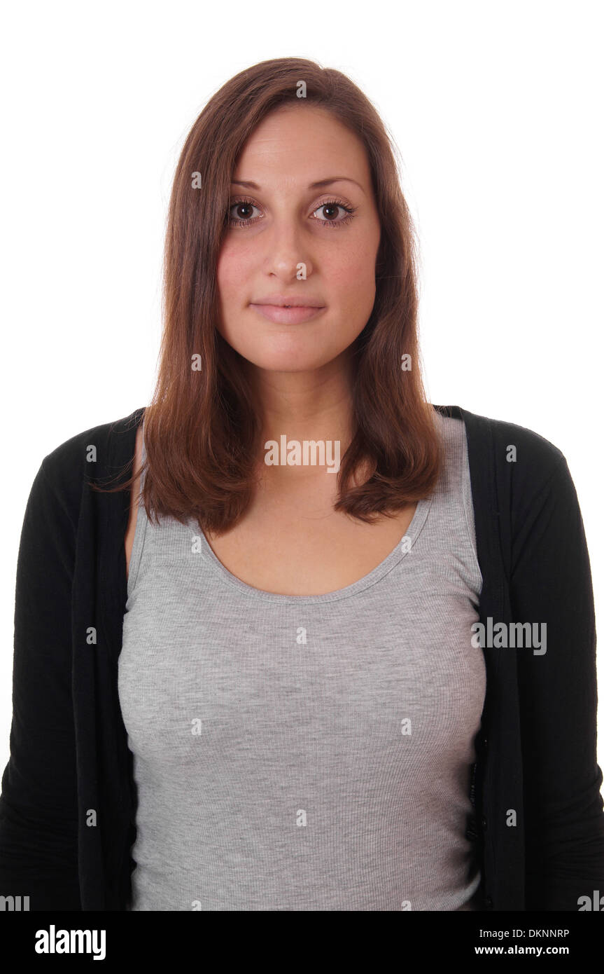 young woman with neutral but friendly expression Stock Photo