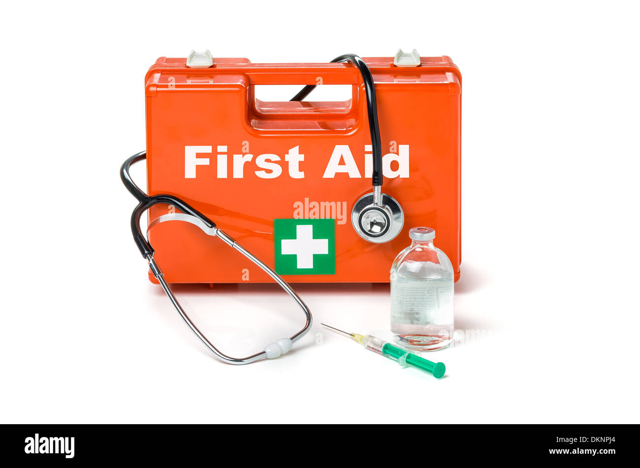 First aid kit with stethoscope and syringe Stock Photo Alamy