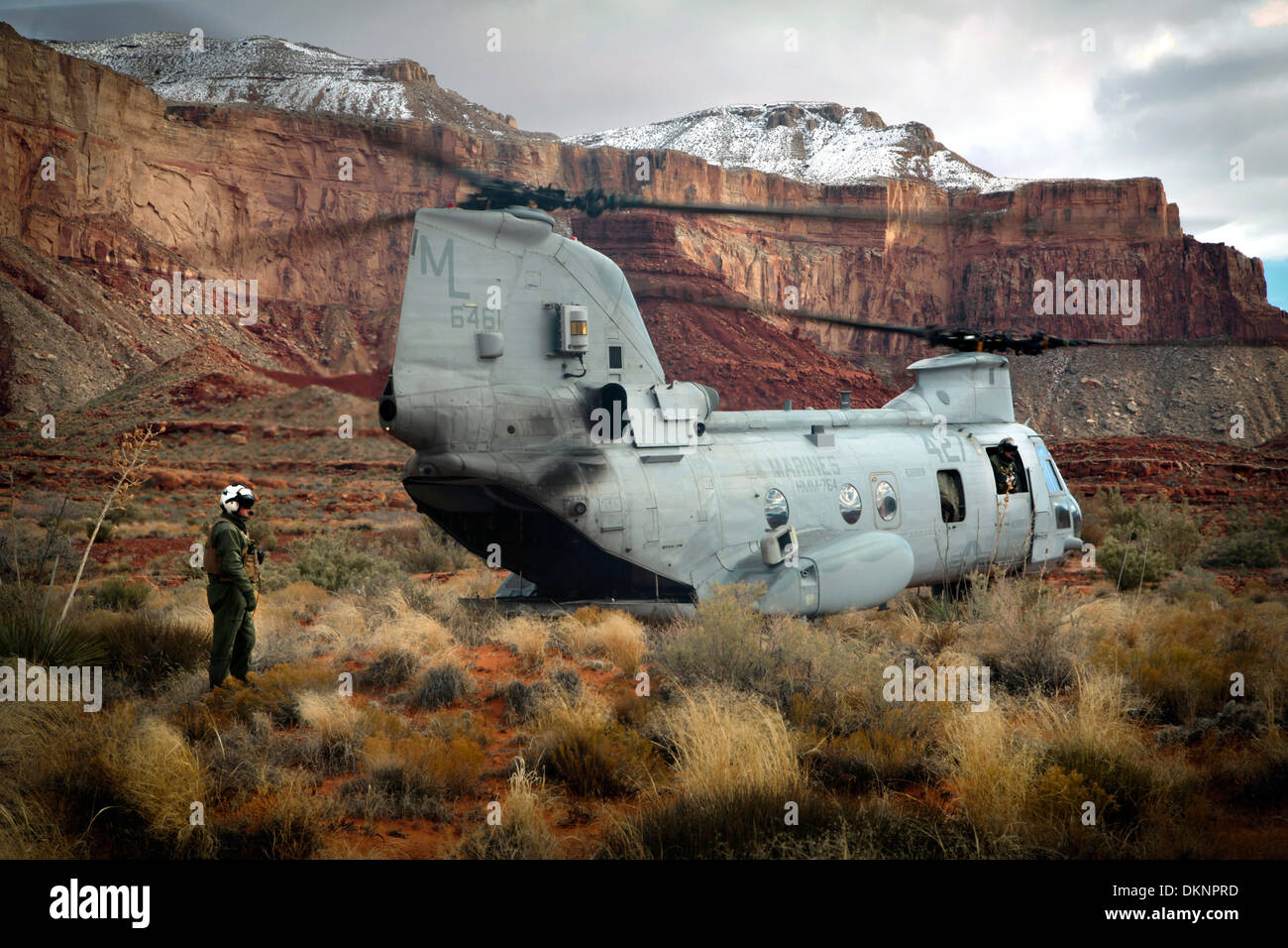 A US Marine Corps CH-46E Chinook helicopter sits in the bottom of the Grand Canyon during Toys For Tots Operation Havasupai delivering Santa Claus and toys to children of the Havasupai Indian tribe December 14, 2011 in Supai, AZ. Stock Photo