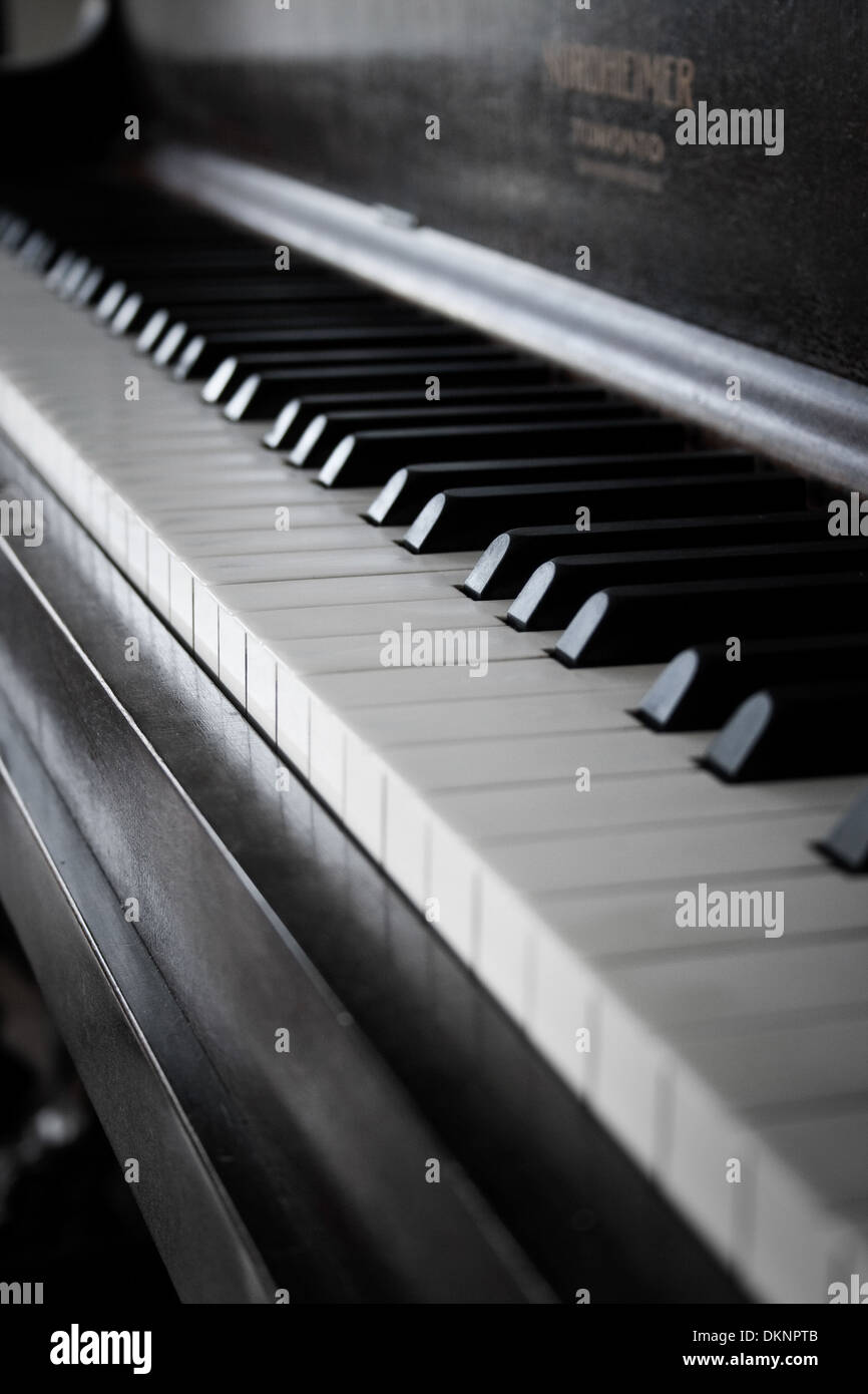 Detail of an upright piano's keyboard. Stock Photo