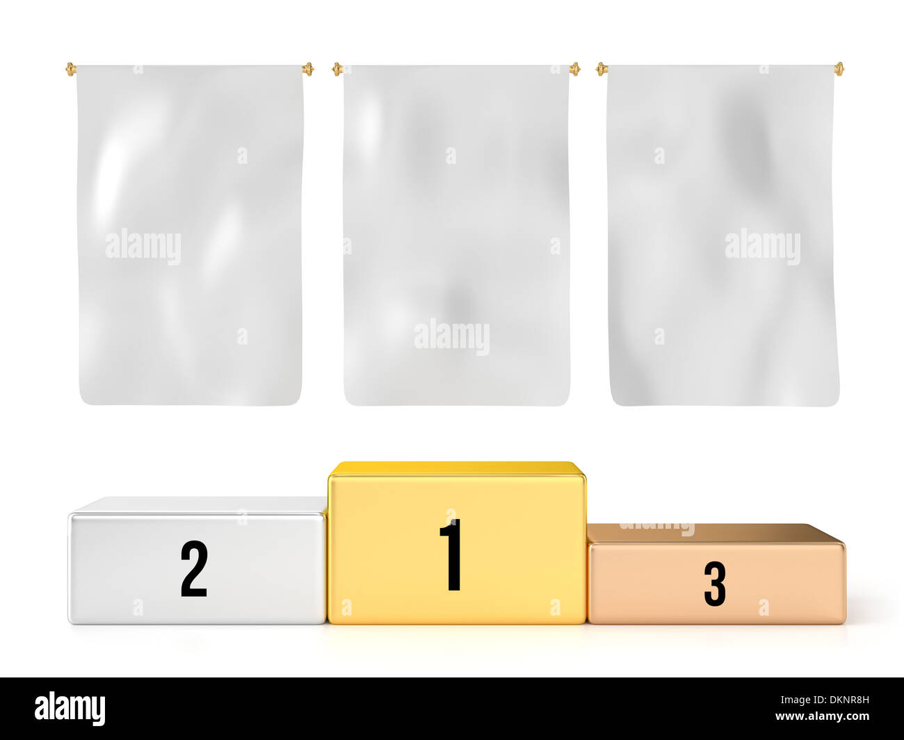 Podium (Gold, Silver, Bronze) with 3 Blank Flags Stock Photo