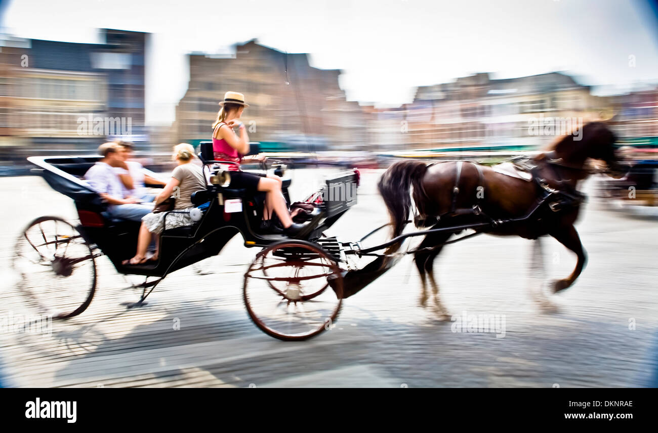 Carriage in the Big Market square, Bruges, Wet Flanders, Flemish Region, Belgium, Europe Stock Photo